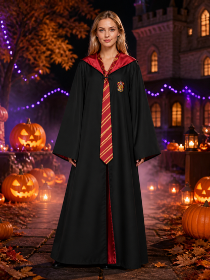 Wizard Robe Costume Set, Black Long Cloak with Red Lining, Striped Tie and Badge Costume Capes detail 2