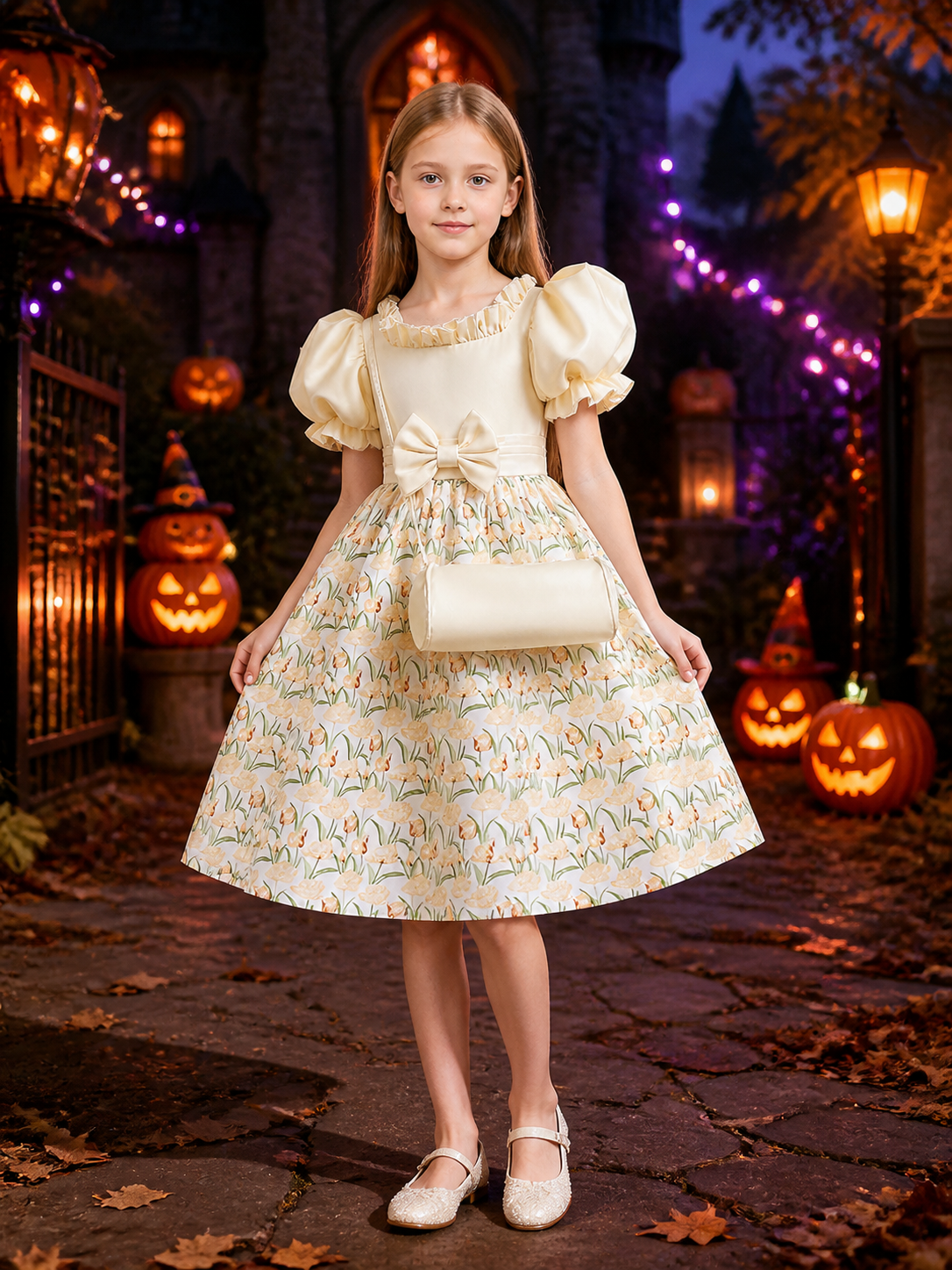 Girls' Floral Print Princess Dress With Puff Sleeves And Bow Costume Dresses detail 2