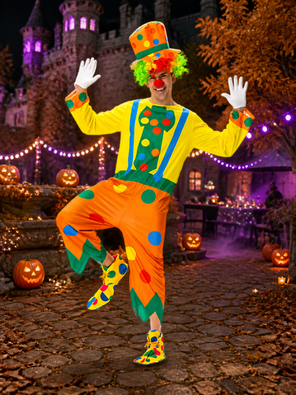Unisex Clown Jumpsuit Costume with Polka Dot Print and Matching Hat Costume Headwear detail 2