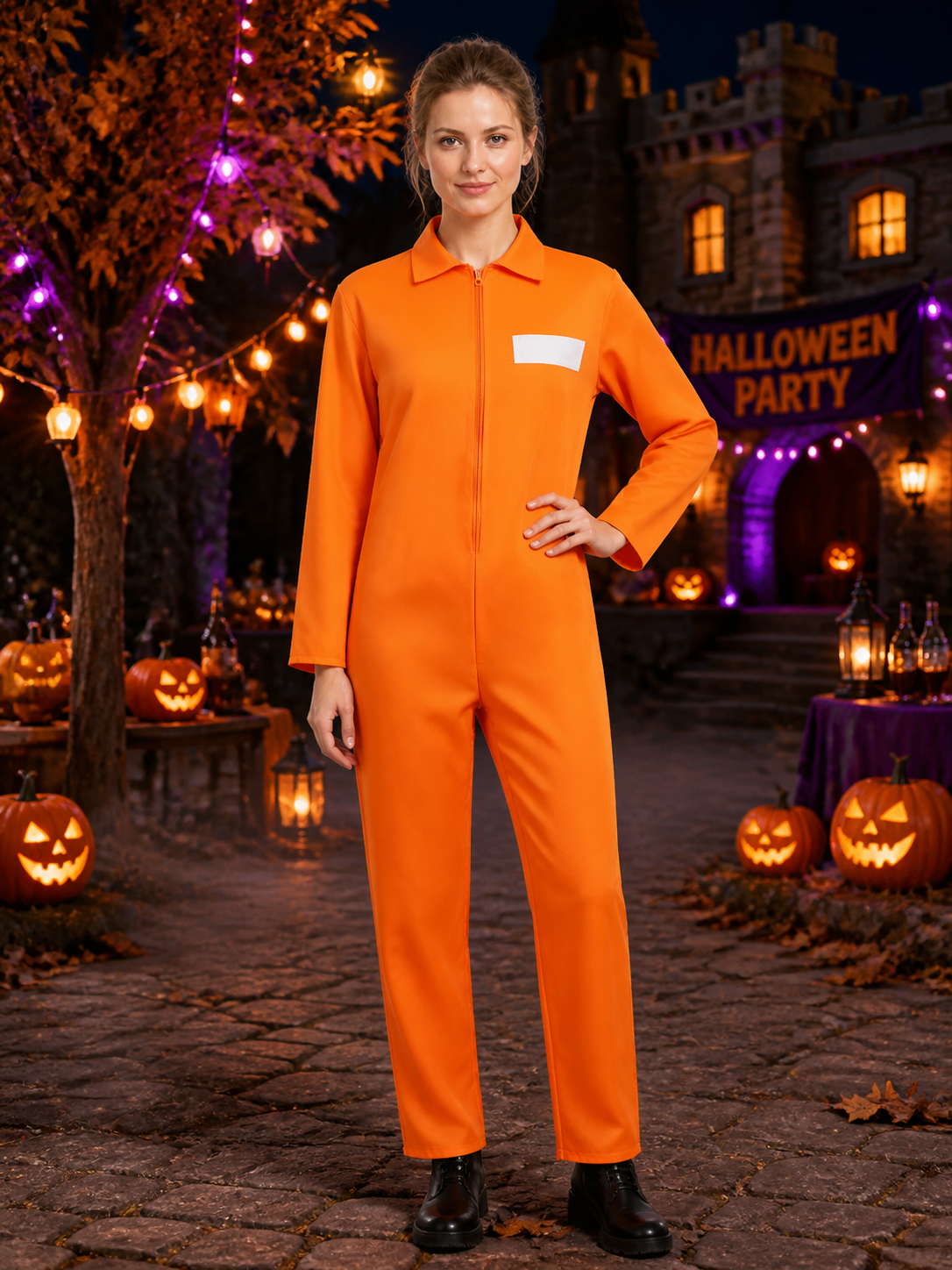 Orange Prison Jumpsuit Costume, Long Sleeve State Prison Print Halloween Outfit Costumes detail 2