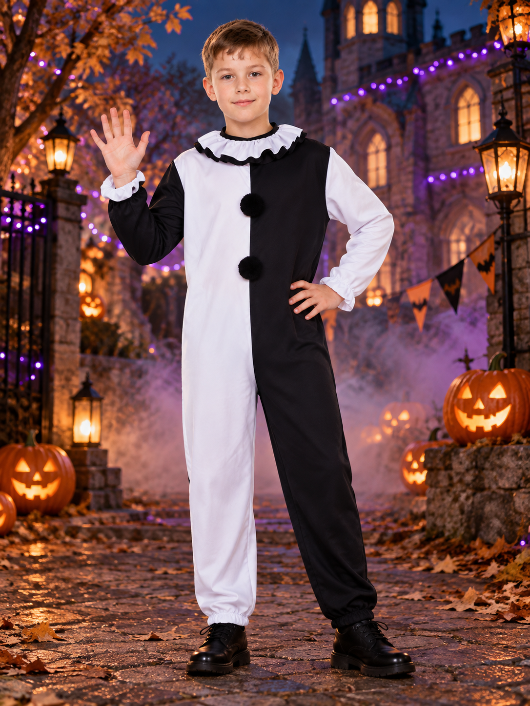 Black and white clown costume with pom-poms and ruffled collar