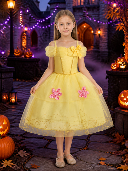 Girls Princess Dress Tutu Ball Gown with Butterfly Bow & Floral Embroidery Costume Dresses detail 2
