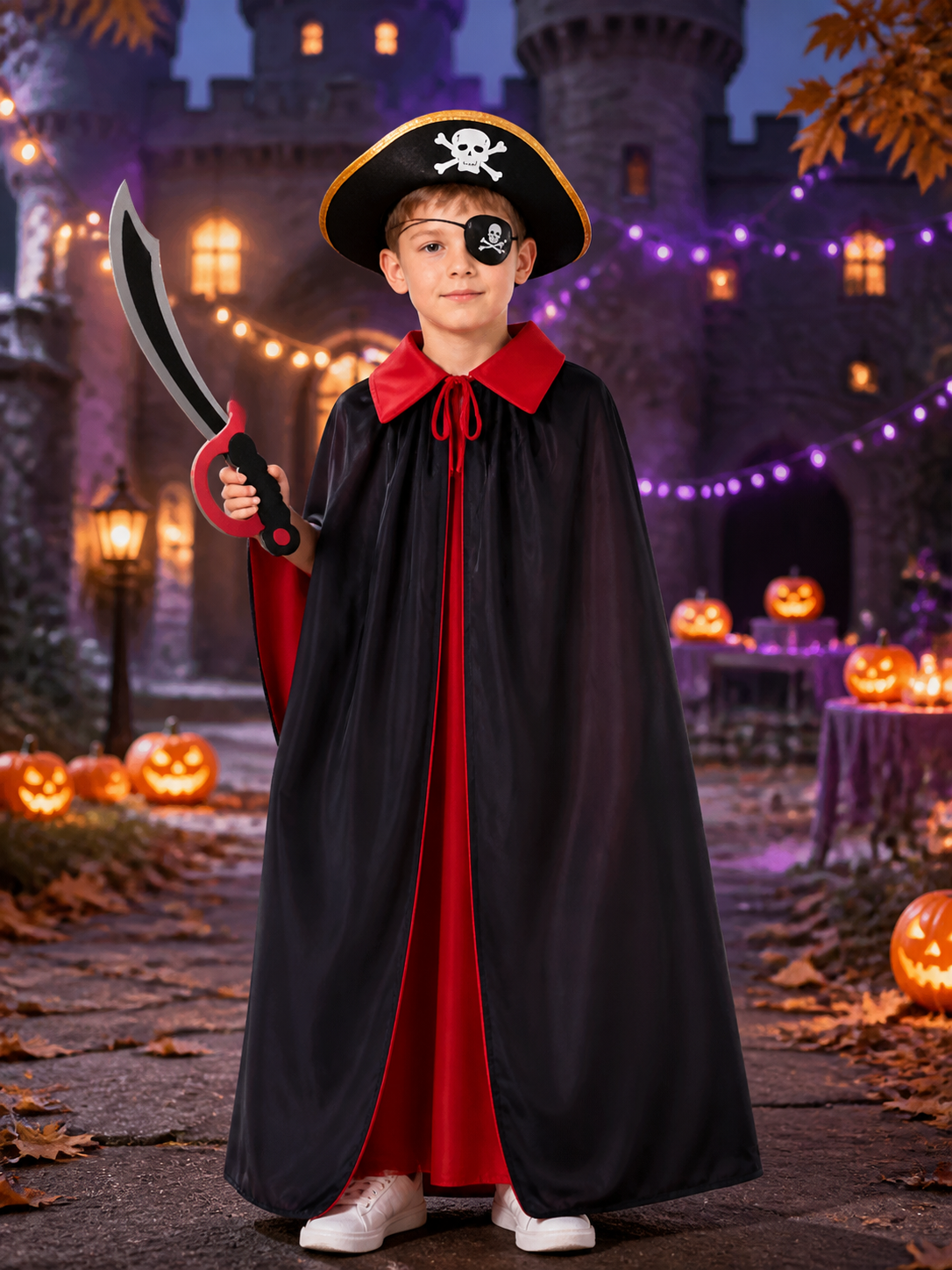 Pirate Cape Costume Set for Kids with Hat, Eye Patch & Toy Sword, Halloween Costume Capes detail 2