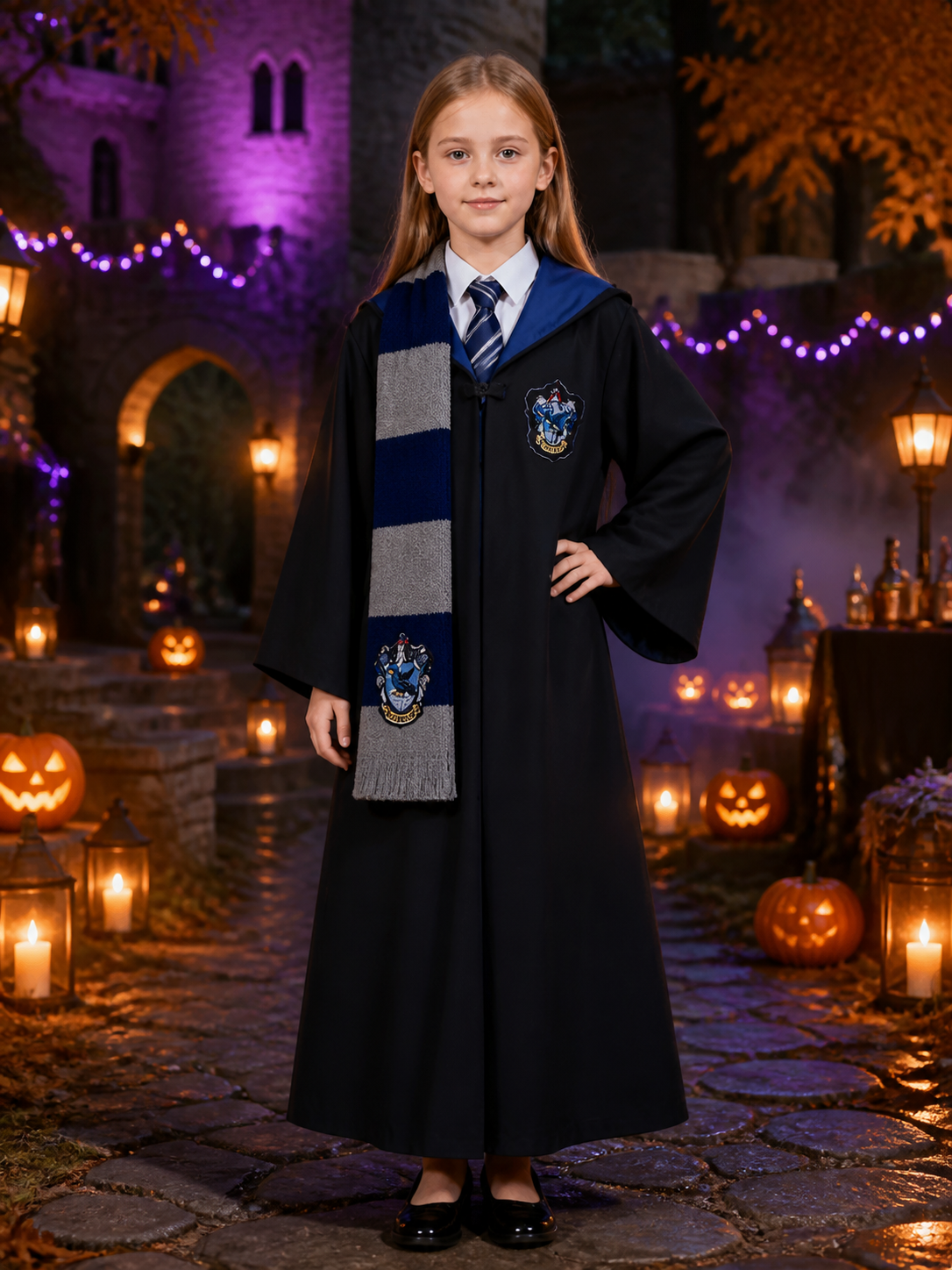 Hooded Wizard Robe Costume Set With Tie and Scarf, Black Cloak Costume Capes detail 2