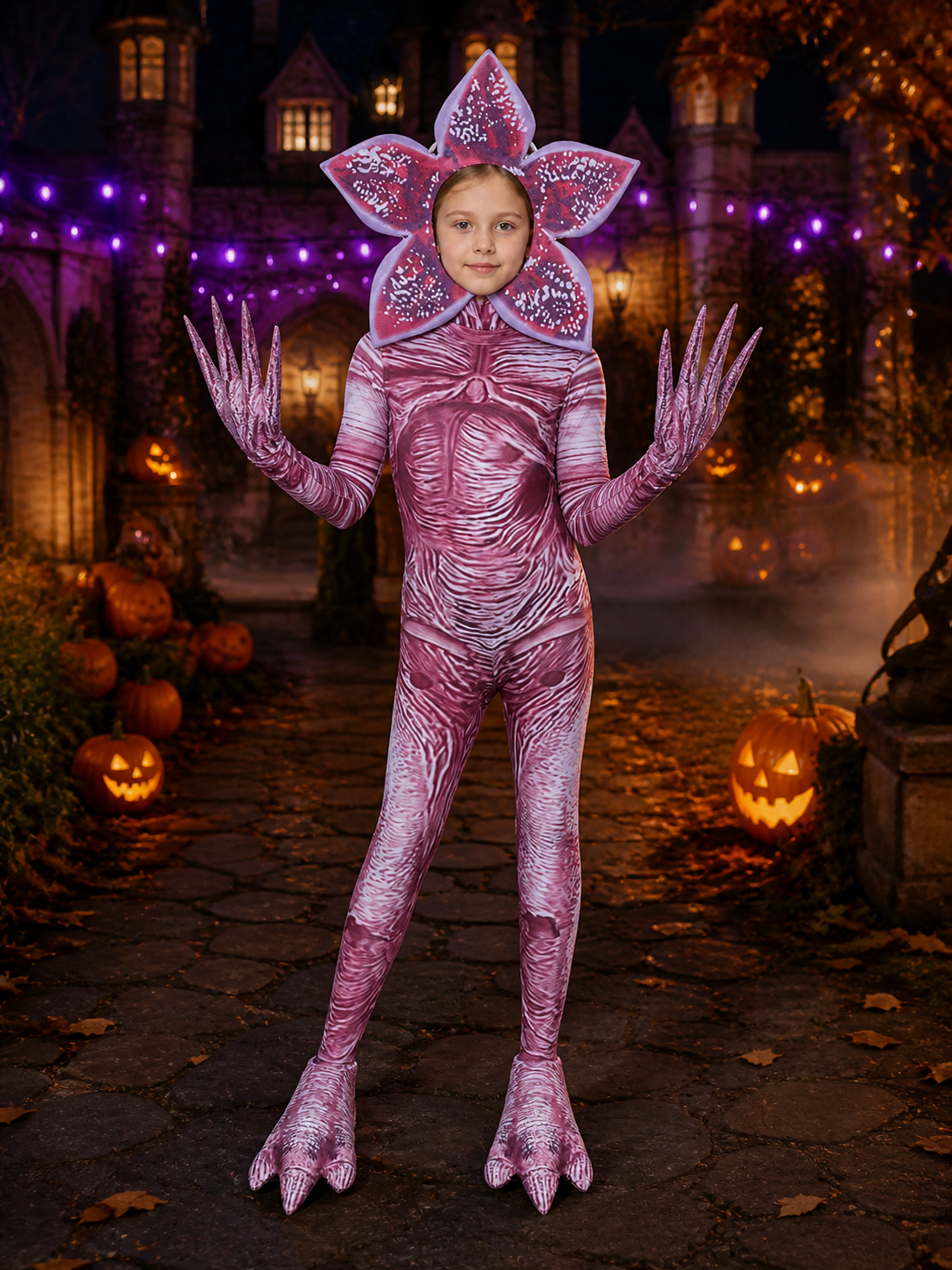 Unisex Halloween Carnivorous Plant Bodysuit Costume Set with Headpiece and Claws on-model Halloween scene view