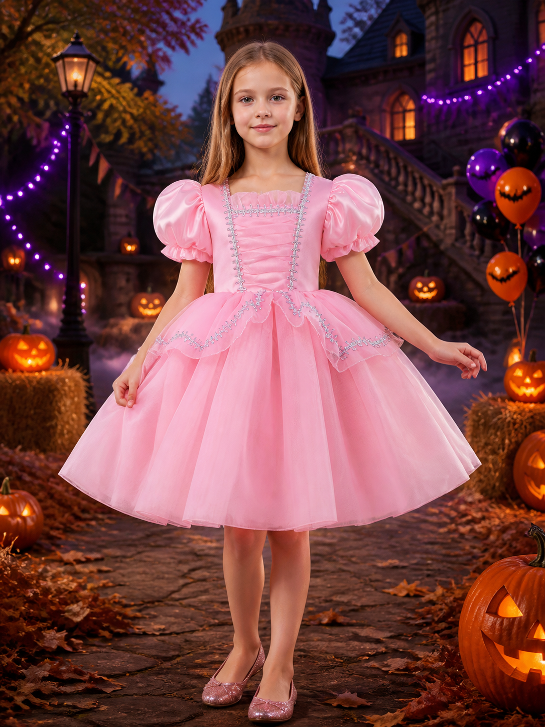 Toddler Girls' Pink Princess Dress Costume with Puff Sleeves and Layered Skirt Costume Dresses detail 2