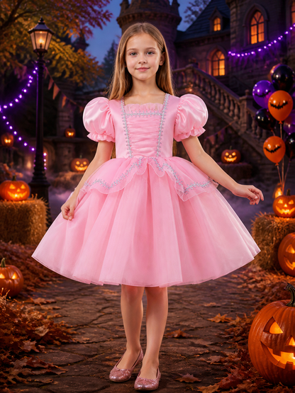 Toddler Girls' Pink Princess Dress Costume with Puff Sleeves and Layered Skirt Costume Dresses detail 2