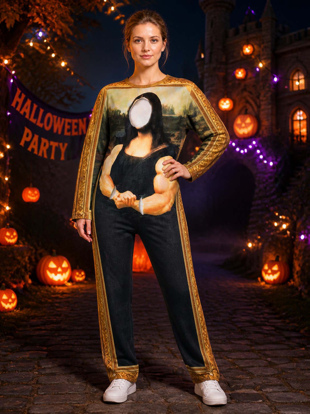 Mona Lisa Muscle Frame Onesie Funny Halloween Costume Jumpsuit Costumes detail 2