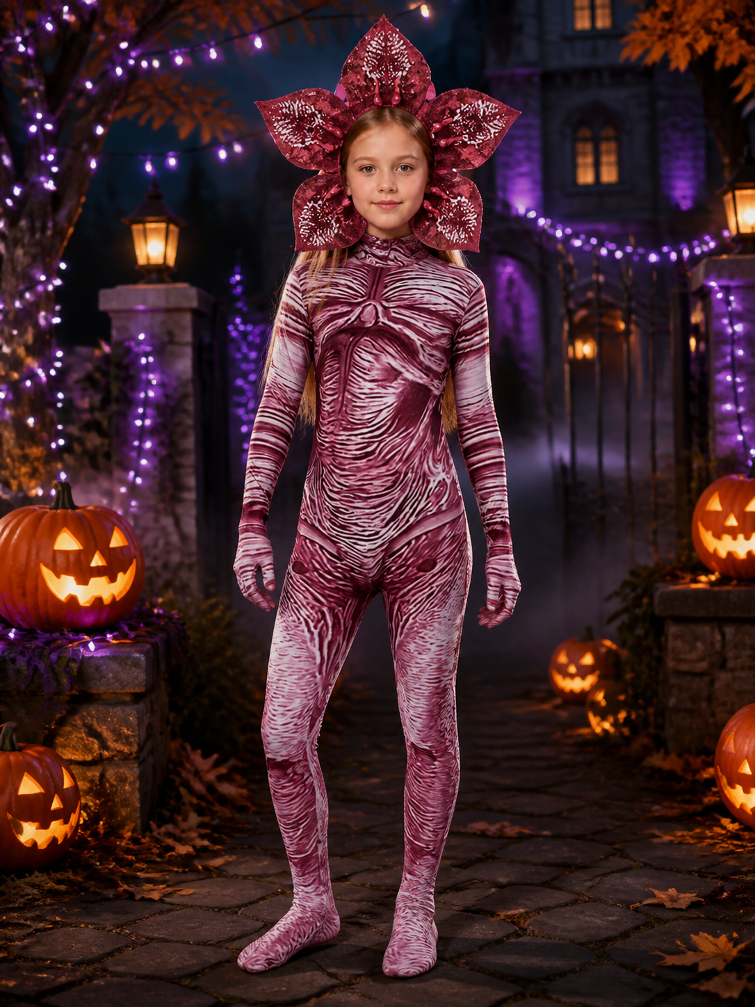 Creepy Carnivorous Plant Costume Set with Flower Headpiece, Striped Bodysuit for Costume Headwear detail 2