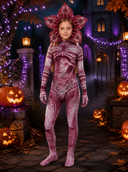 Creepy Carnivorous Plant Costume Set with Flower Headpiece, Striped Bodysuit for Costume Headwear detail 2