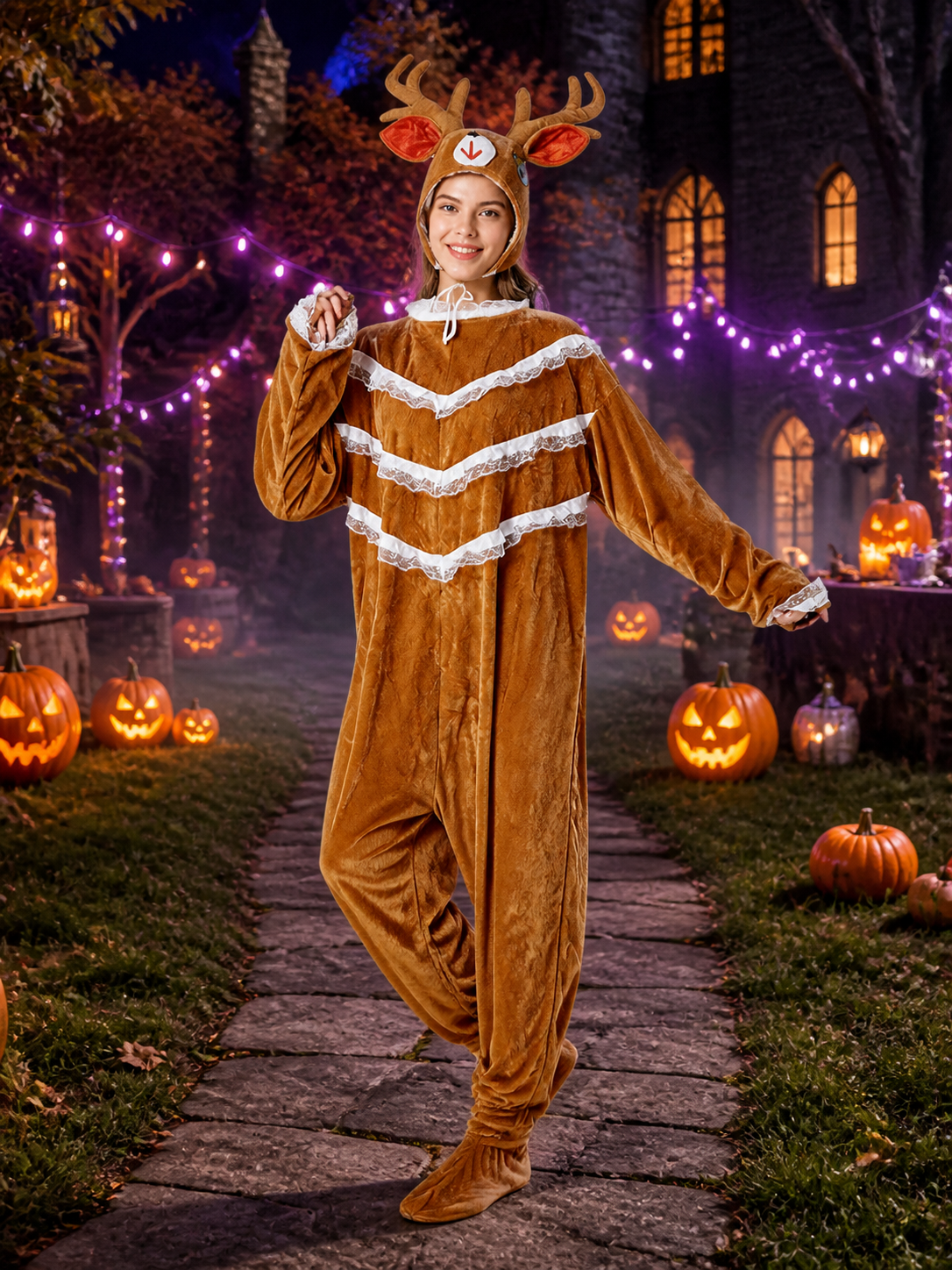 Women's Brown Reindeer Costume Jumpsuit, Hooded Animal Onesie with Antlers Costumes detail 2