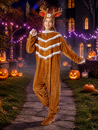 Women's Brown Reindeer Costume Jumpsuit, Hooded Animal Onesie with Antlers Costumes detail 2