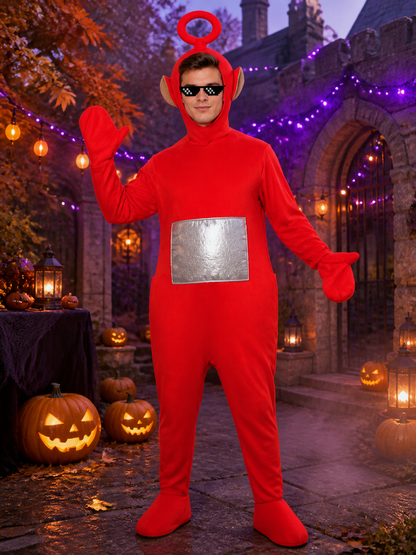 Adult Teletubbies Po Costume, Red Hooded Footed Jumpsuit with Ring Antenna and Costumes detail 2