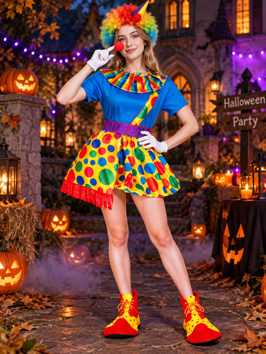 Clown Costume with Colorful Skirt, Rainbow Collar, and Belt