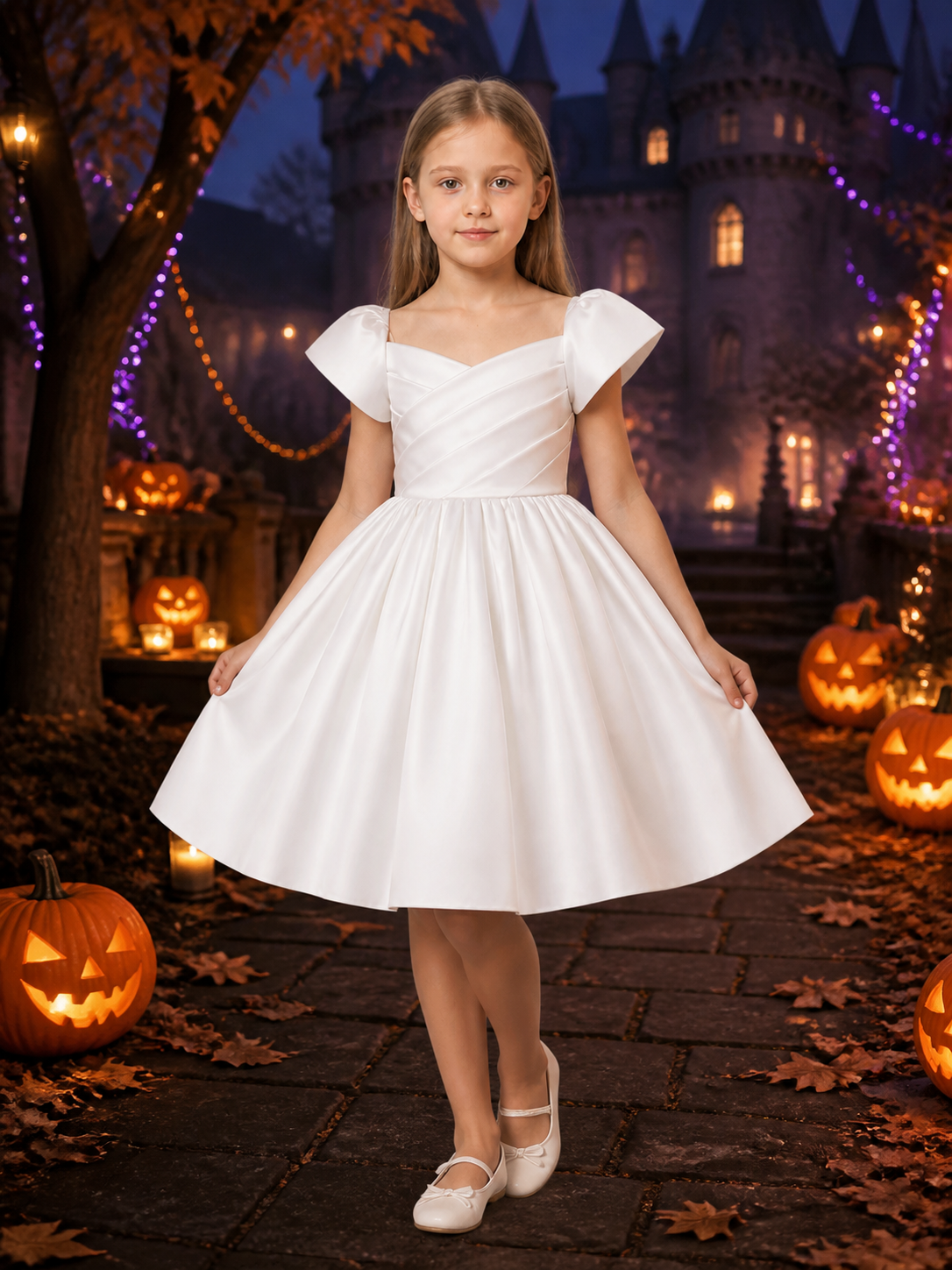 Girls' White Princess Dress, Short Sleeve Pleated Full-Skirt Formal Dress