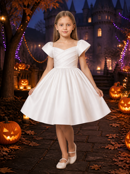 Girls' White Princess Dress, Short Sleeve Pleated Full-Skirt Formal Dress