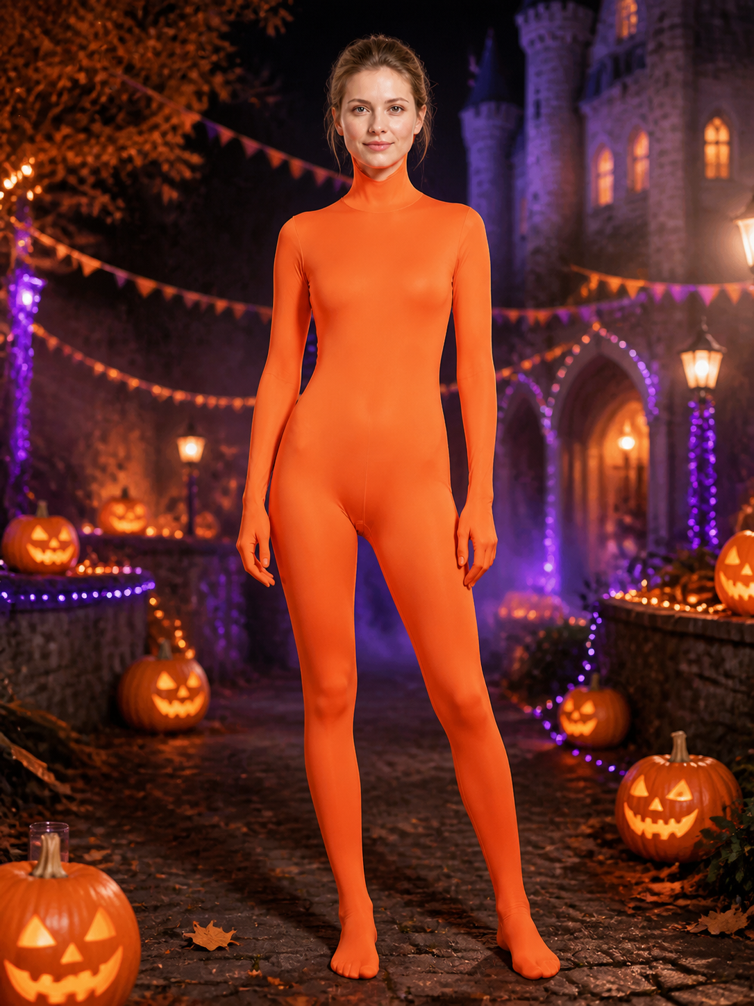 Orange Zentai Bodysuit Costume, Full Head Hooded Stretch Halloween Outfit Costumes detail 2