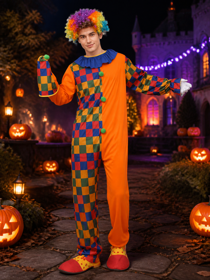 Unisex Adult Jester Costume Jumpsuit, Colorful Checkered with Hat for Halloween Costume Headwear detail 2