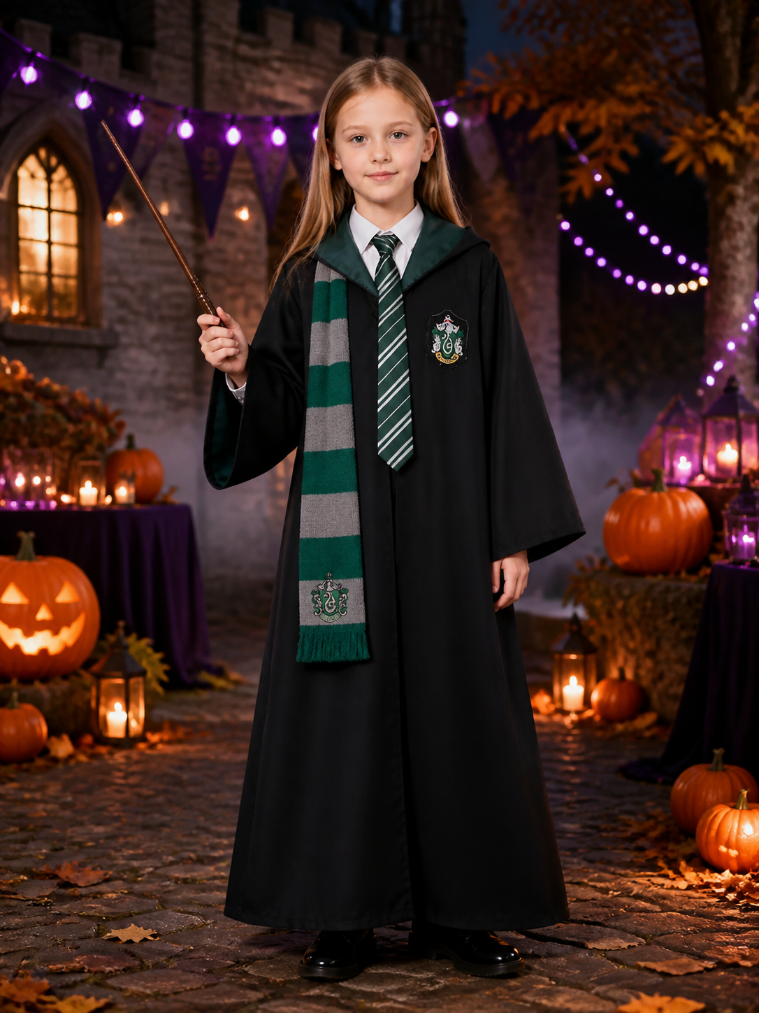 Slytherin Hooded Wizard Robe Costume Set with Tie and Scarf for Halloween Costumes detail 2