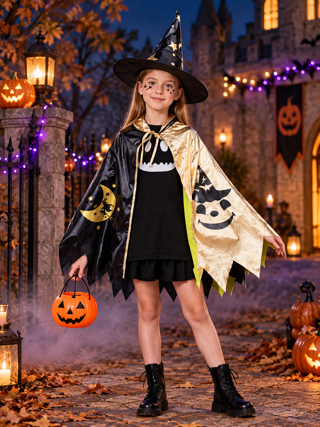 Children's Black and Gold Costume with Cape and Hat