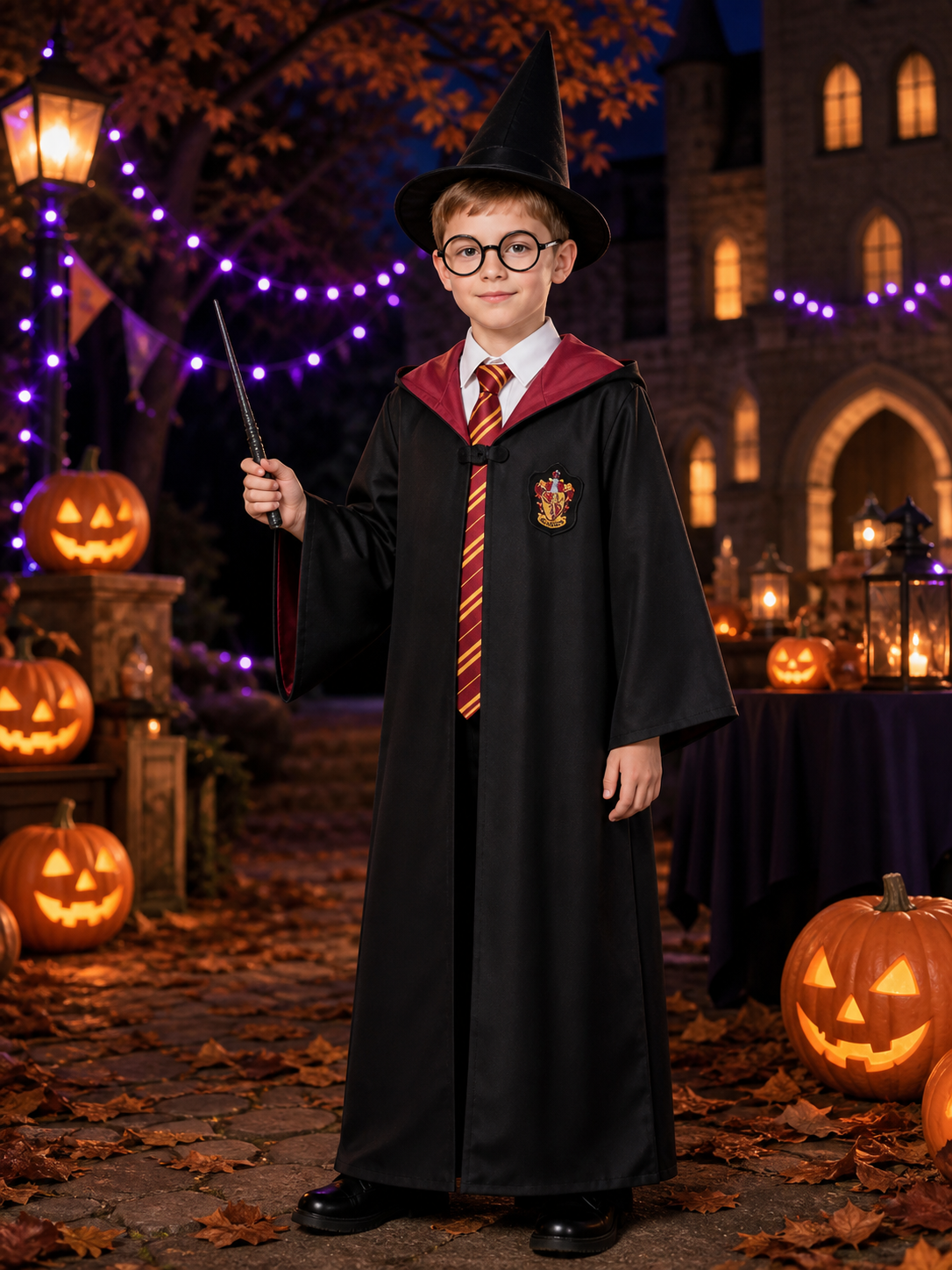 Kids Long Hooded Wizard Robe Costume Set with Red & Yellow Striped Scarf & Tie Costumes detail 2