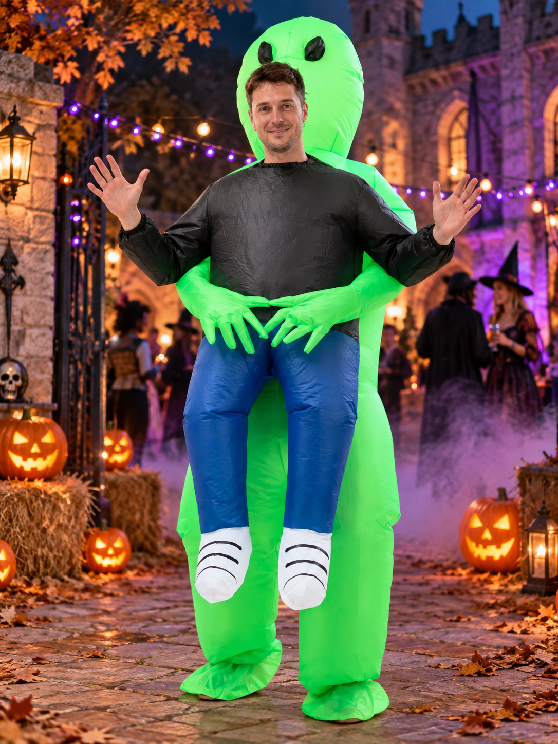 Green inflatable alien costume with black eyes