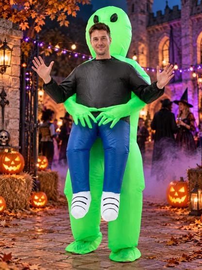 Green inflatable alien costume with black eyes