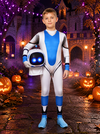 Unisex Space Robot Costume Jumpsuit with Headpiece, Blue White Black Halloween Costume Headwear detail 2