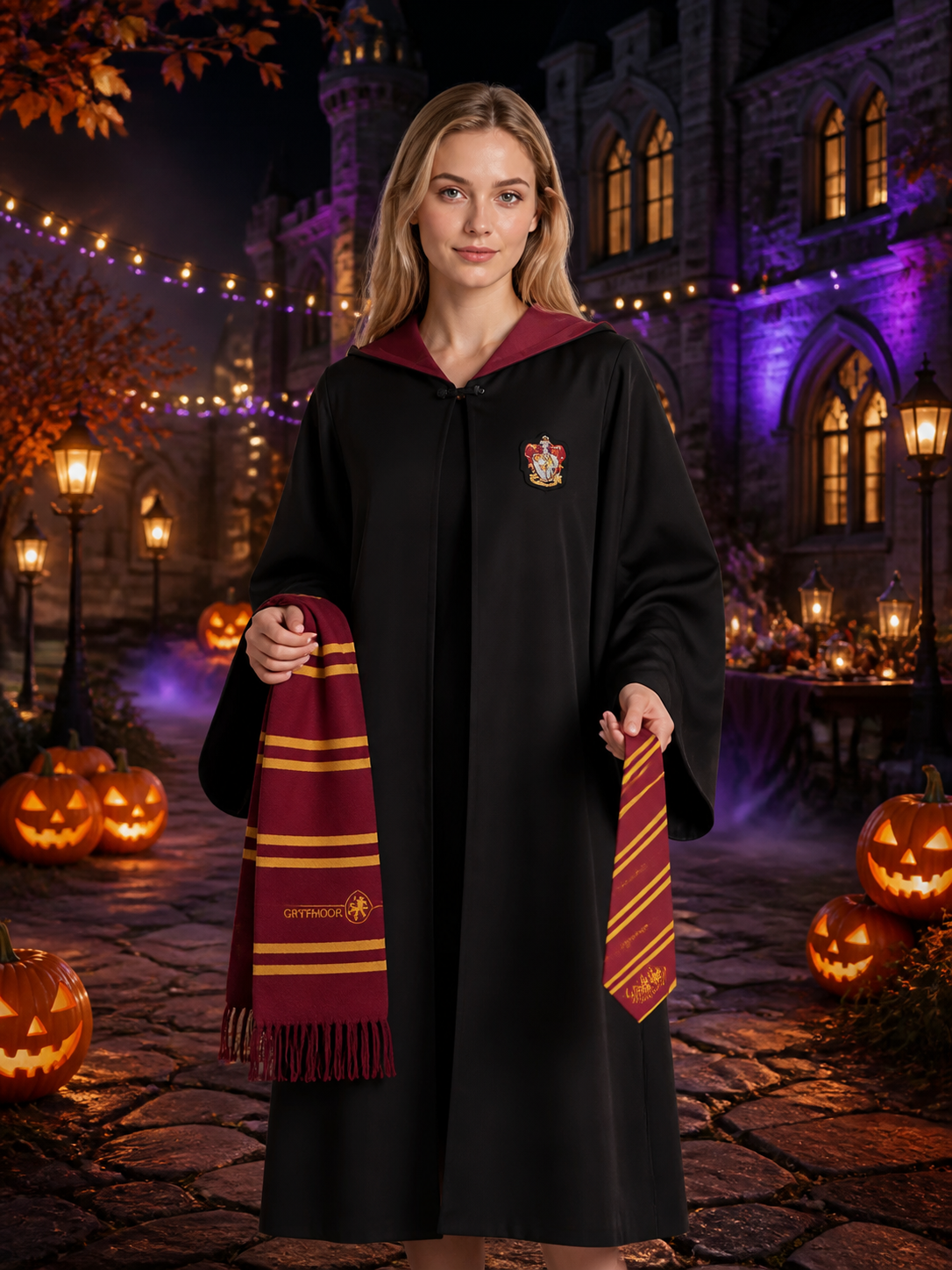 Kids Gryffindor Wizard Costume Set, Hooded Robe With Scarf, Red And Gold Trim Costumes detail 2