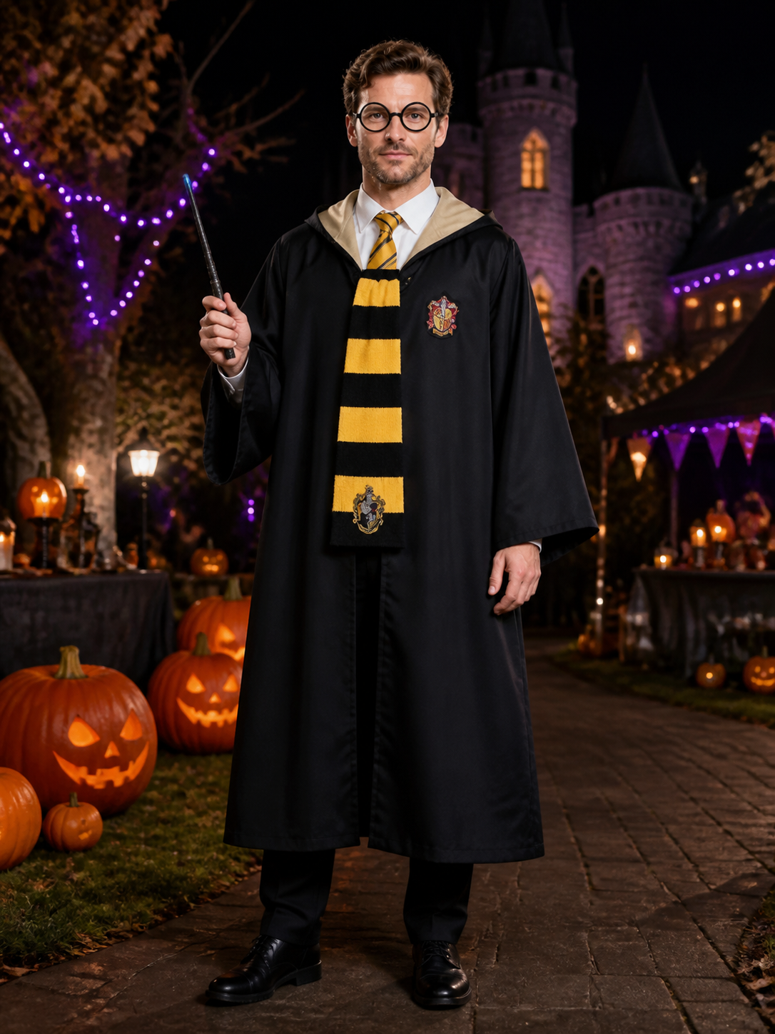 Hufflepuff Wizard Robe Costume Set with Scarf, Tie, Glasses and Wand Costume Accessories detail 2
