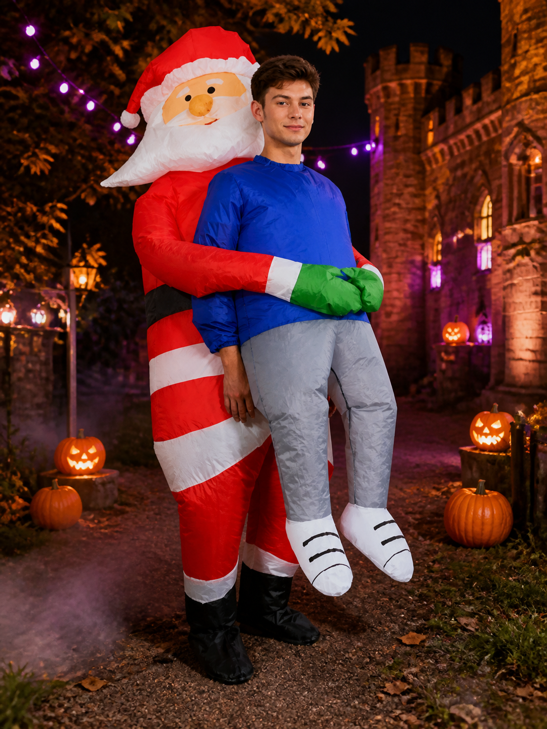 Red and White Striped Santa Claus Costume Bodysuit with White Legs and Green Costumes detail 2