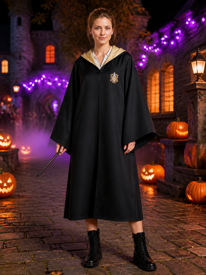 Women's Academy-Themed Hooded Wizard Robe Costume, Black and Gold Costumes detail 2