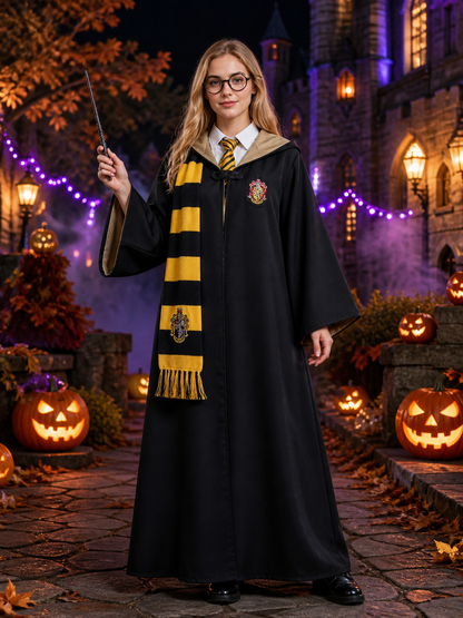 Wizard Halloween Costume Set - Hooded Robe with Scarf, Tie, Glasses, and Wand Costume Accessories detail 2