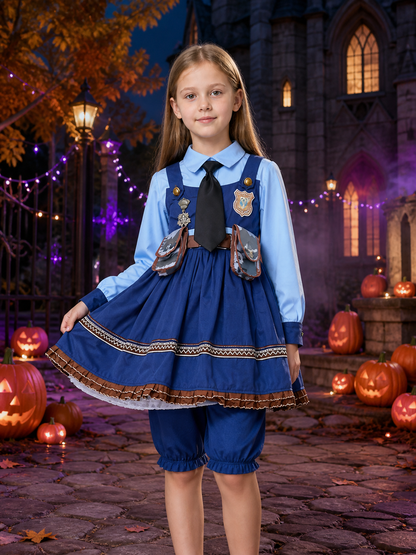 Children's Long Sleeve Rabbit Police Officer Costume Dress with Badge and Tie on-model Halloween scene view