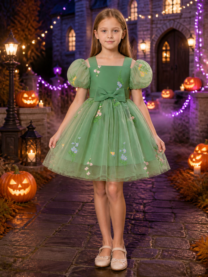 Baby Girls Green Floral Embroidered Puff Sleeve Tulle Princess Dress Costume Dresses detail 2