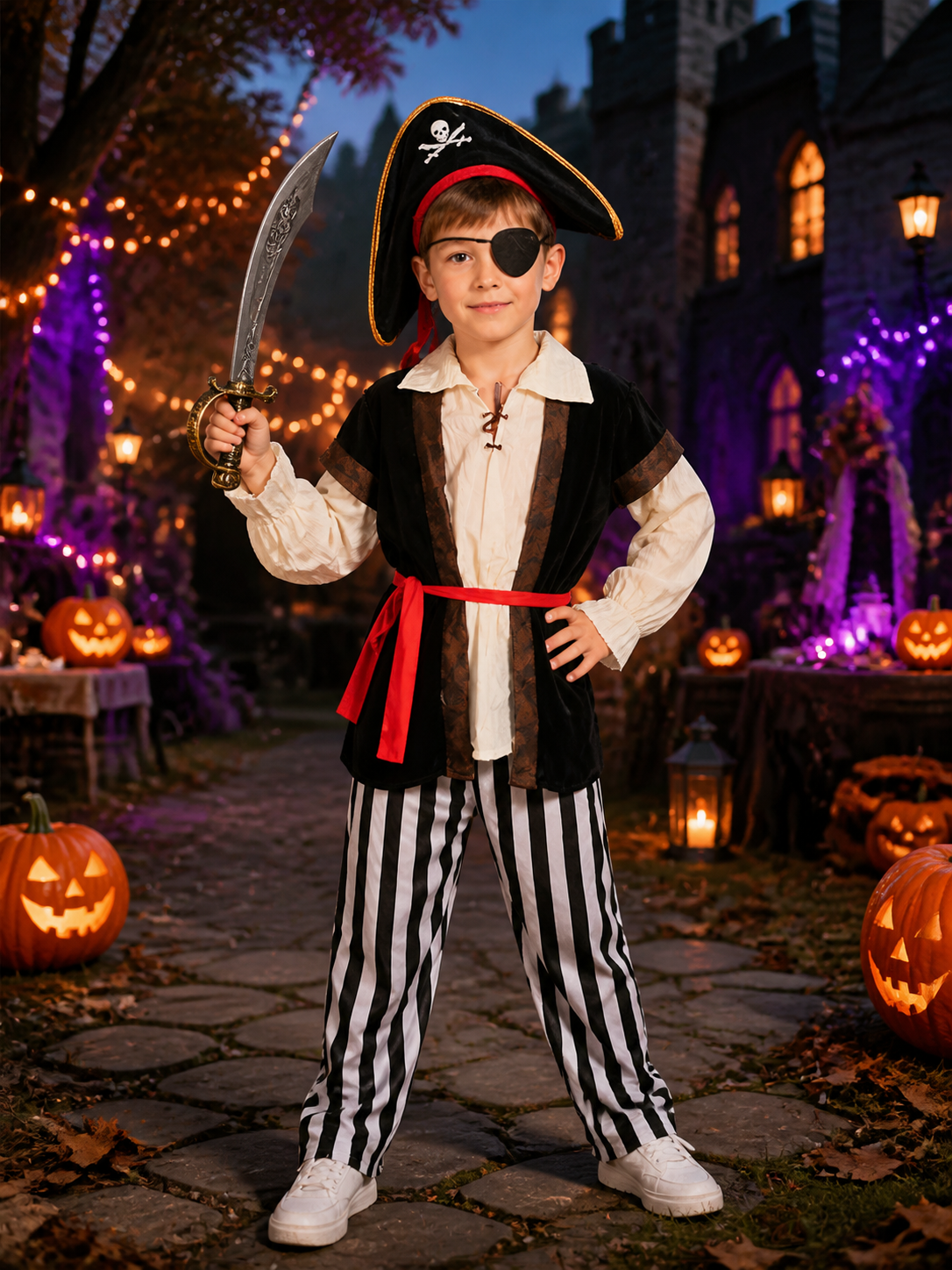 Kids' Pirate Costume Set - Skeleton Print Shirt, Striped Pants, Hat, Eye Patch Costume Headwear detail 2