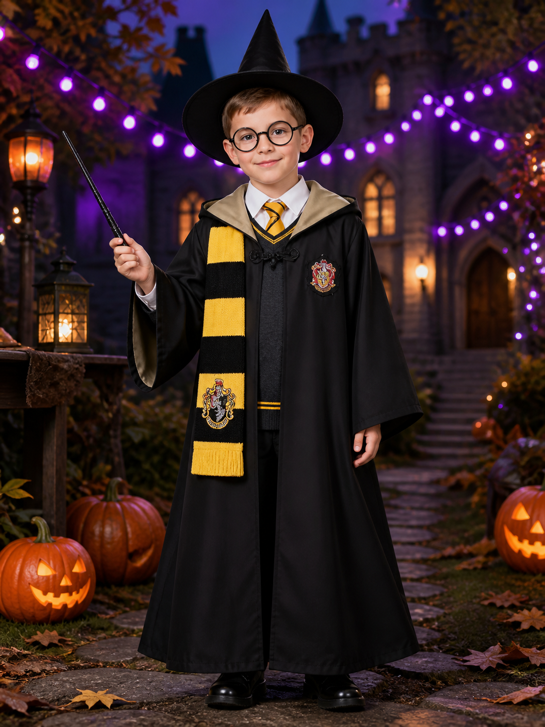 Kids Wizard Costume Set With Hooded Cloak, Hat, Scarf, Glasses, Vest, Shirt And