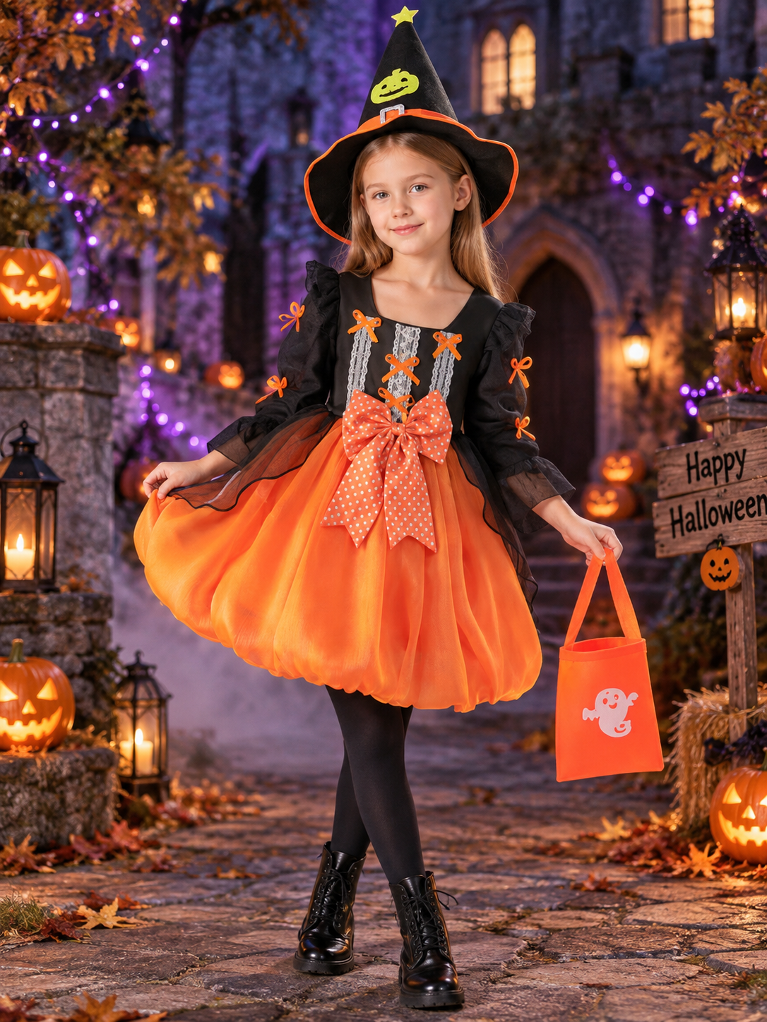 Kids' Carnival Costume with Pumpkin Skirt and Light-Up Detail