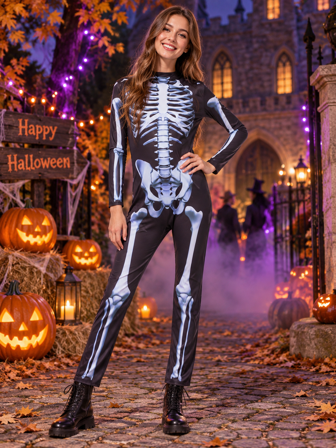 Kids' skeleton carnival costume black jumpsuit