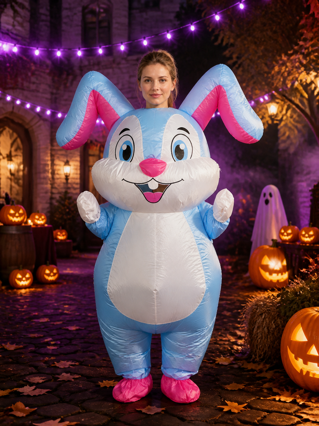 Rabbit Onesie Costume for Adults, Fluffy Pink and White Halloween Outfit with Costumes detail 2