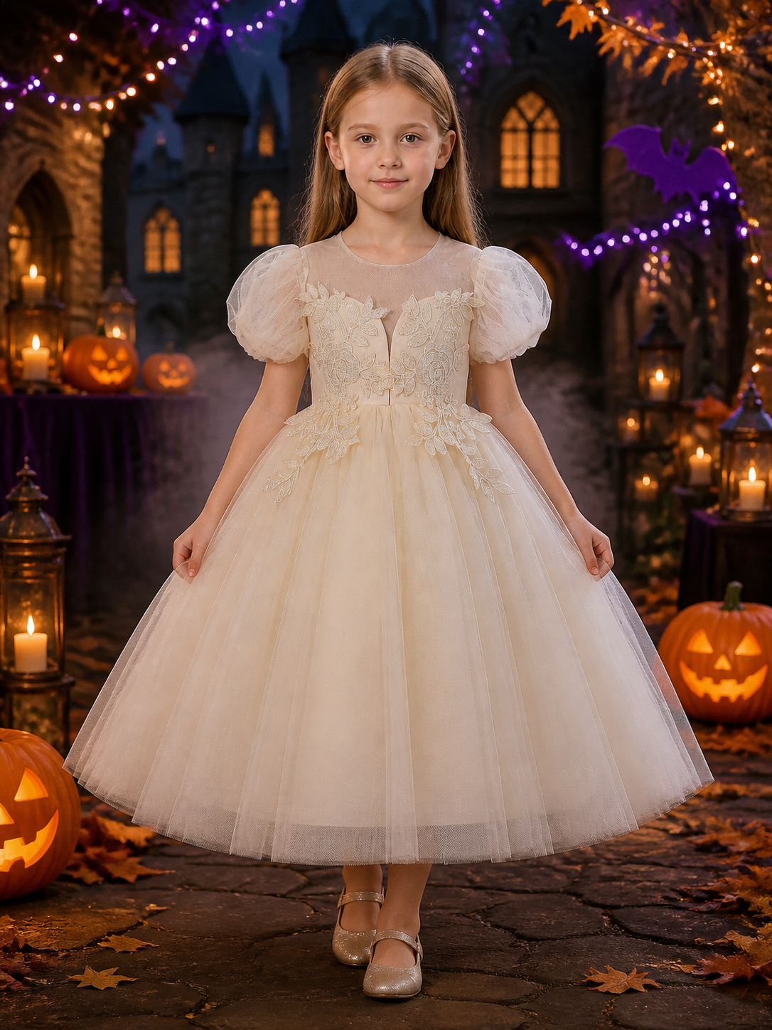 Toddler Girls' Ivory Princess Dress with Floral Vine Embellishments and Layered Costume Dresses detail 2