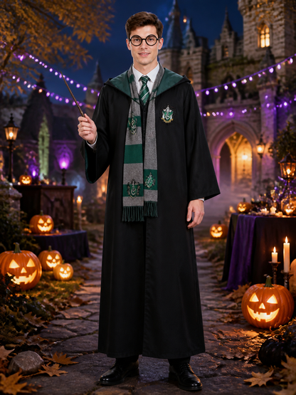Slytherin-Themed Hooded Wizard Robe Costume Set With Scarf, Tie, Glasses And Costumes detail 2
