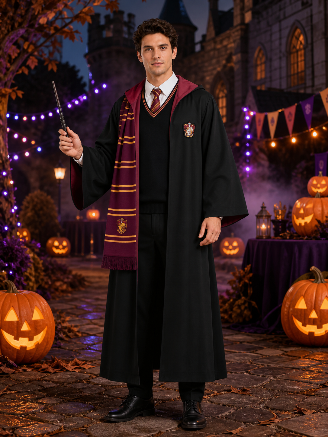 Kids Wizard Costume Set with Hooded Robe, Vest, Tie, Scarf and Wand Costume Accessories detail 2