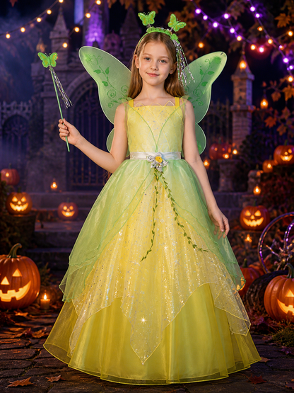 Girls Tinker Bell Fairy Dress Costume Set with Wings, Headband & Wand Costume Dresses detail 2