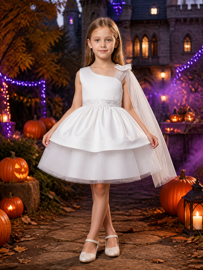Toddler Girls' White Princess Party Dress, Sequined Bow One-Shoulder Layered Costume Dresses detail 2