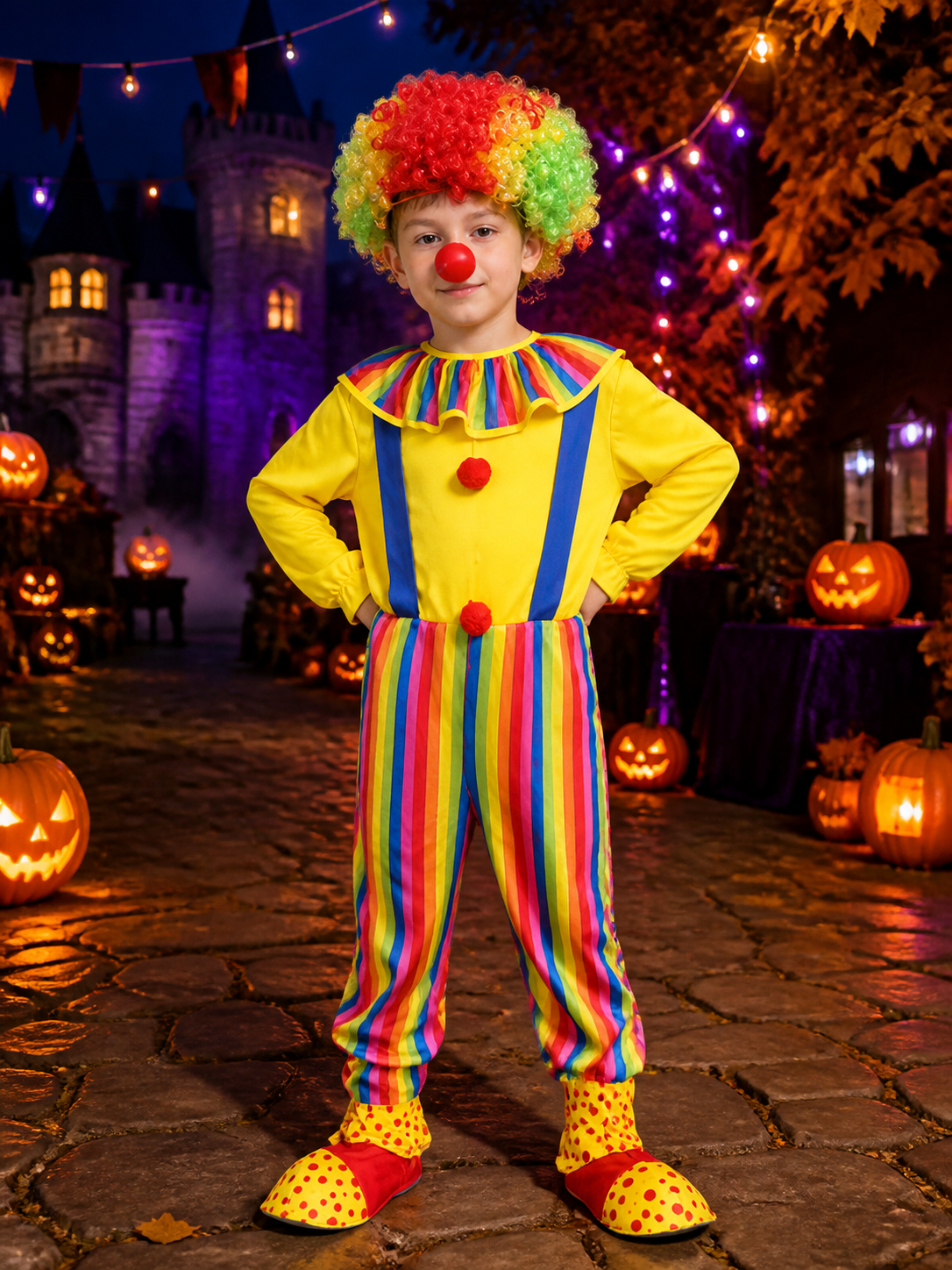 Boys' Colorful Clown Jumpsuit Costume Set with Wig, Nose and Shoe Covers Costume Wigs detail 2