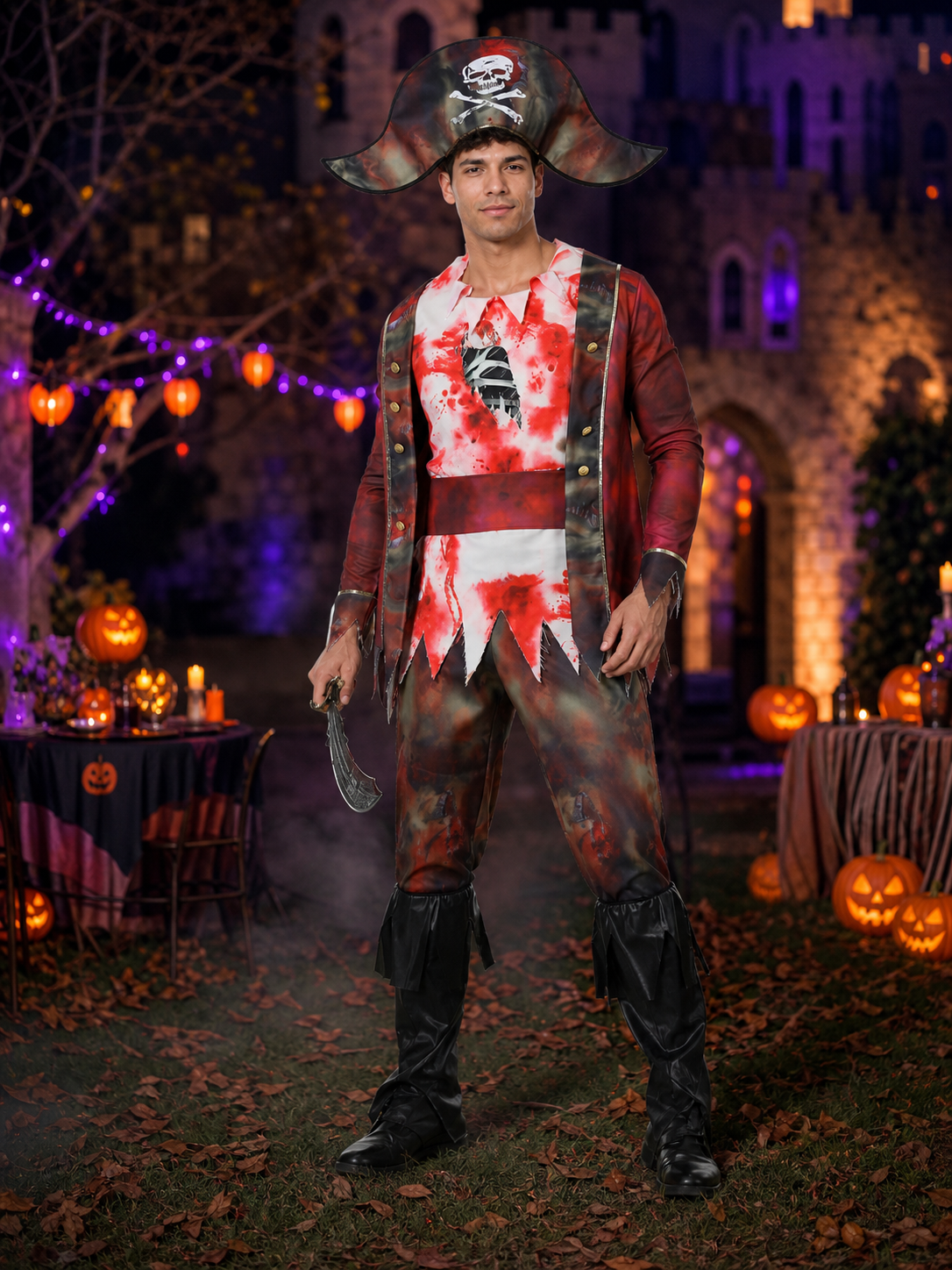 Men's Red Black Pirate Costume Set with Skull and Crossbones Hat, Jacket, Pants Costume Headwear detail 2