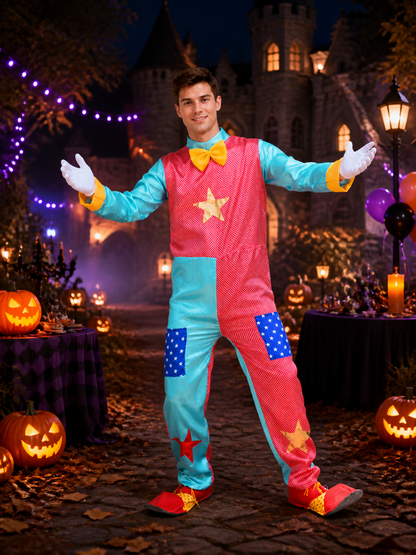 Unisex Adult Clown Jumpsuit Costume, Red and Blue Star Pattern with Bow Tie for Costume Accessories detail 2