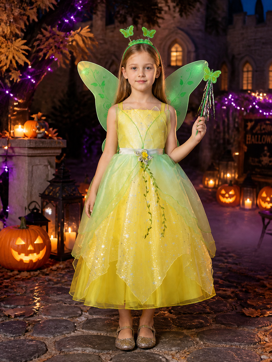 Girls' Princess Dress Costume with Yellow Star Print and Green Layers Costume Dresses detail 2