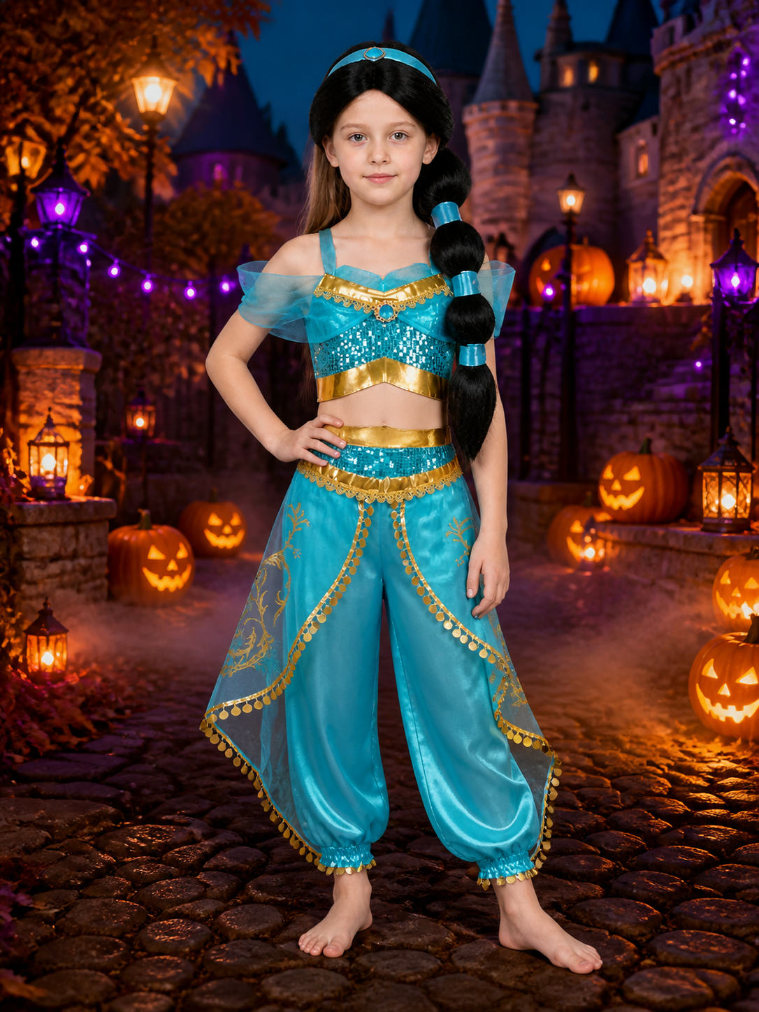 Girls' Arabian Princess Sequin Halloween Costume Set With Top, Pants And Wig Costume Wigs detail 2